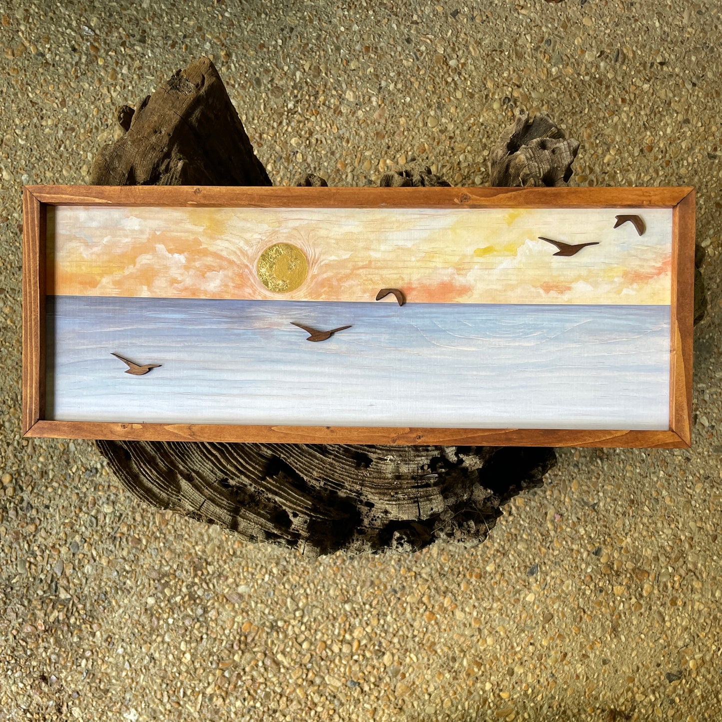 "Sunset Gulls" 6x18” Ocean Framed Print
