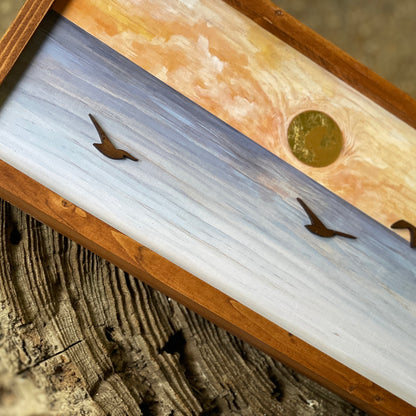 "Sunset Gulls" 6x18” Ocean Framed Print