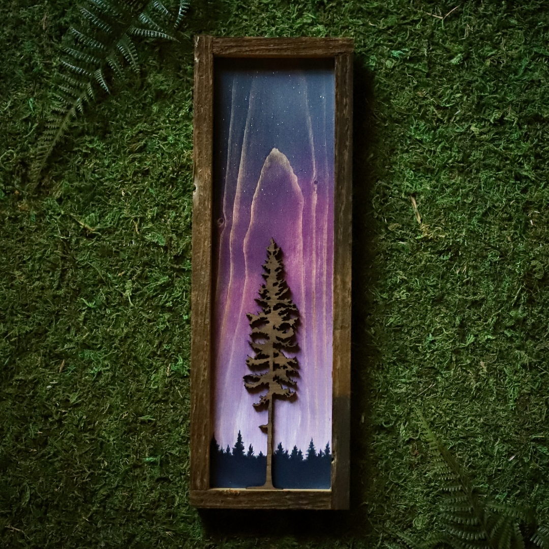"Magenta Aura" Pine Tree Silhouette Mixed Media Wood Art